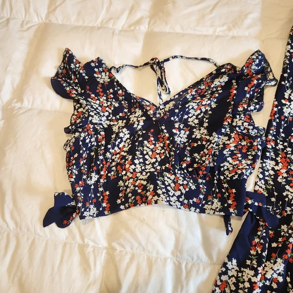 Floral Two Piece Set Maxi Skirt & Ruffle Crop Top Size Large Boho Cottagecore - Picture 5 of 7